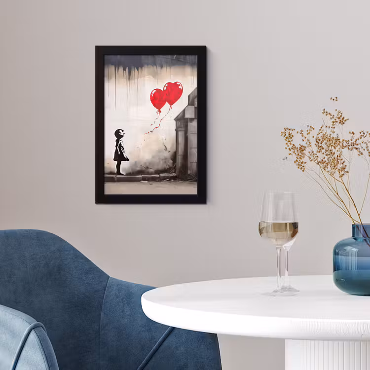 Poster met lijst - Kunst - Meisje - Ballonnen - Hart - Grijs — 2