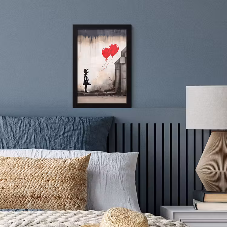Poster met lijst - Kunst - Meisje - Ballonnen - Hart - Grijs — 4