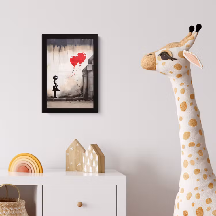 Poster met lijst - Kunst - Meisje - Ballonnen - Hart - Grijs — 5