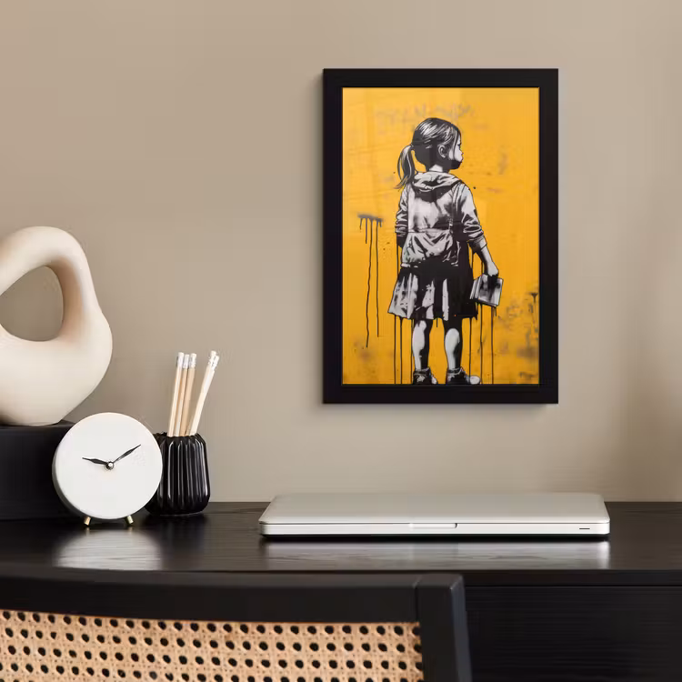 Poster met lijst - Meisje - Boek - Gele Muur - Graffiti — 3