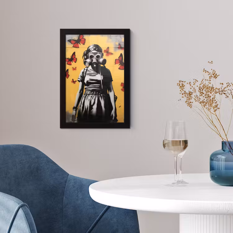 Poster met lijst - Meisje - Gasmasker - Vlinders - Graffiti — 2