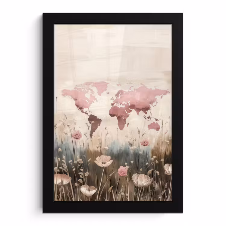 Poster met lijst - Wereldkaart - Roze - Bloemen — 1