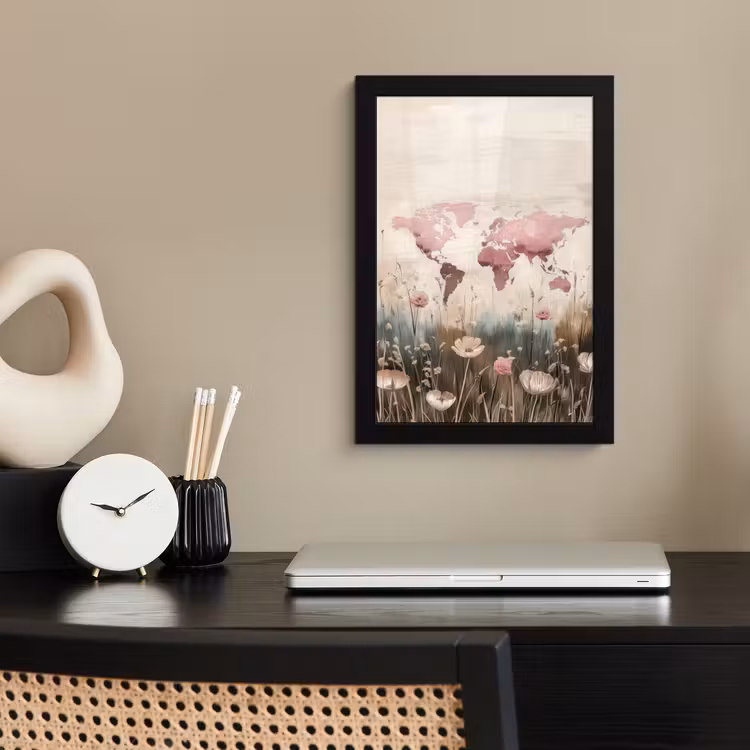 Poster met lijst - Wereldkaart - Roze - Bloemen — 3