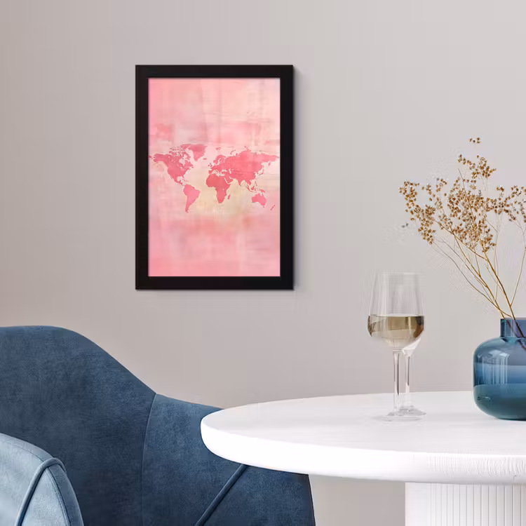 Poster met lijst - Wereldkaart - Roze - Vaag — 2