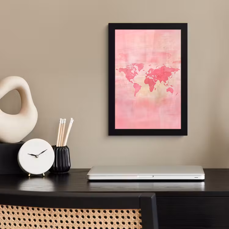 Poster met lijst - Wereldkaart - Roze - Vaag — 3