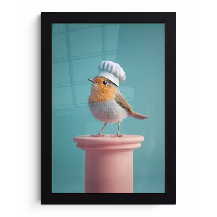 Poster met lijst - Roodborstje - Vogel - Koksmuts - Sokkel — 1