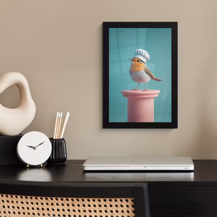 Poster met lijst - Roodborstje - Vogel - Koksmuts - Sokkel — 3