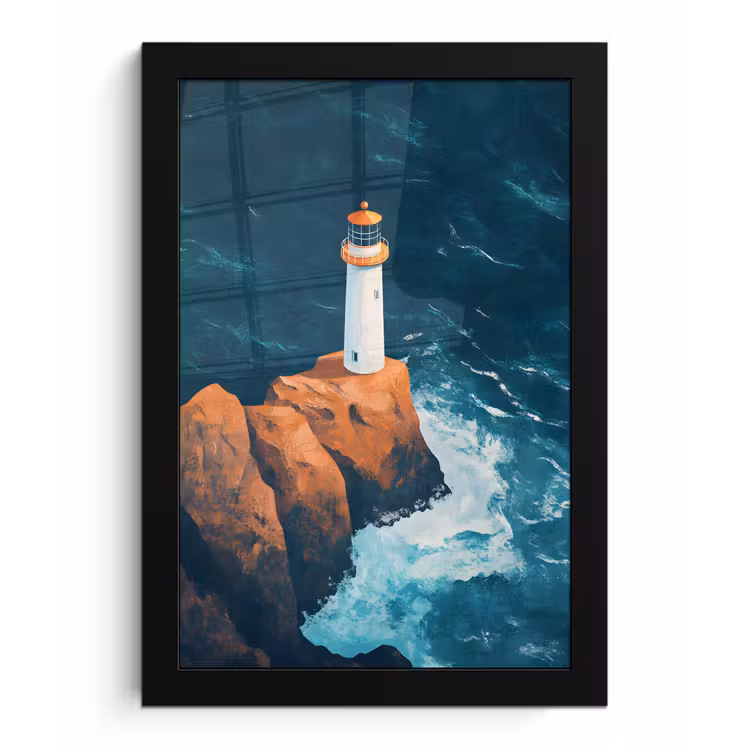 Poster met lijst - Vuurtoren - Rots - Zee - Golven — 1