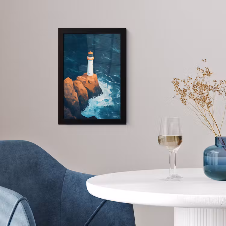 Poster met lijst - Vuurtoren - Rots - Zee - Golven — 2