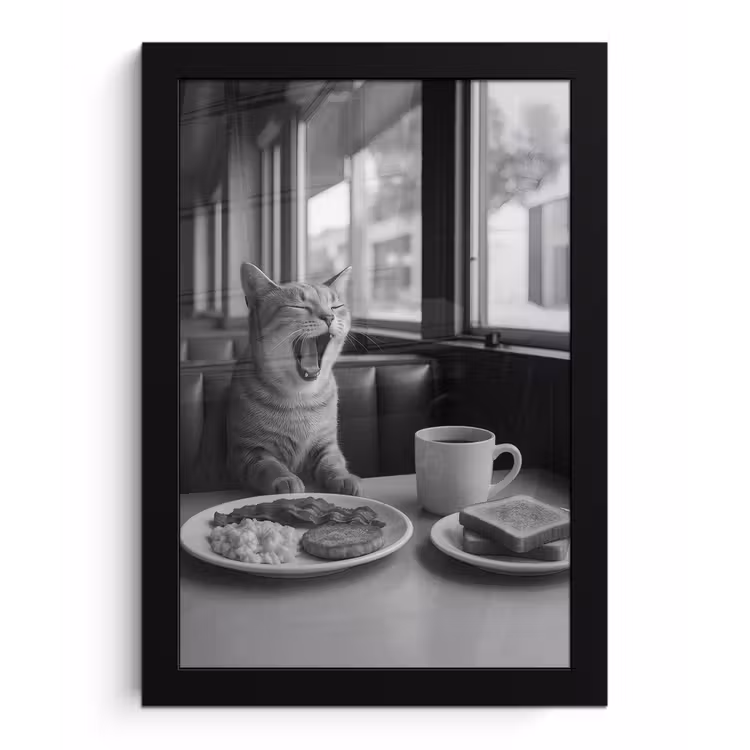 Poster met lijst - Kat - Koffie - Brood - Zwart — 1