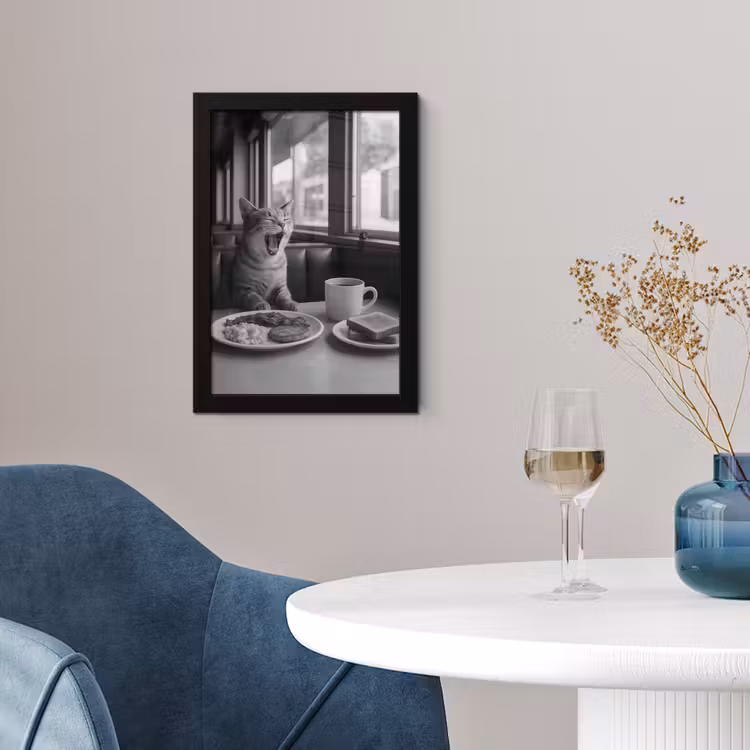 Poster met lijst - Kat - Koffie - Brood - Zwart — 2