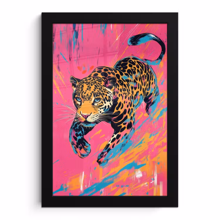 Poster met lijst - Luipaard - Roze - Oranje - Blauw - Verf — 1