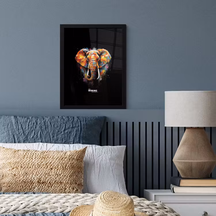 Poster met lijst - Olifant versierd met kleurrijke spetters — 4