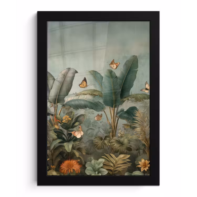 Poster met lijst - Tropisch bladerdek - Vlinders - groen - Bruin — 1
