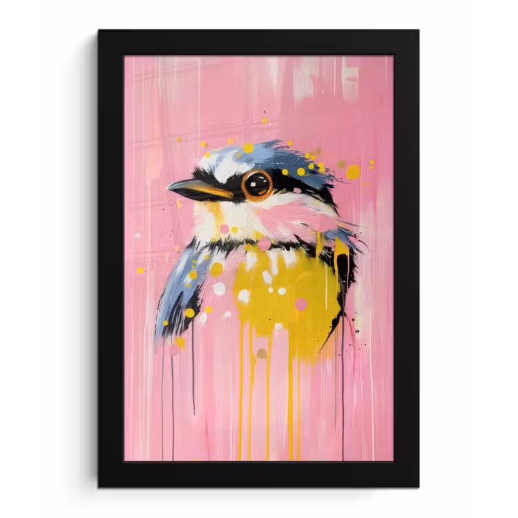 Poster met lijst - Vogel - Roze - Geel - Blauw — 1