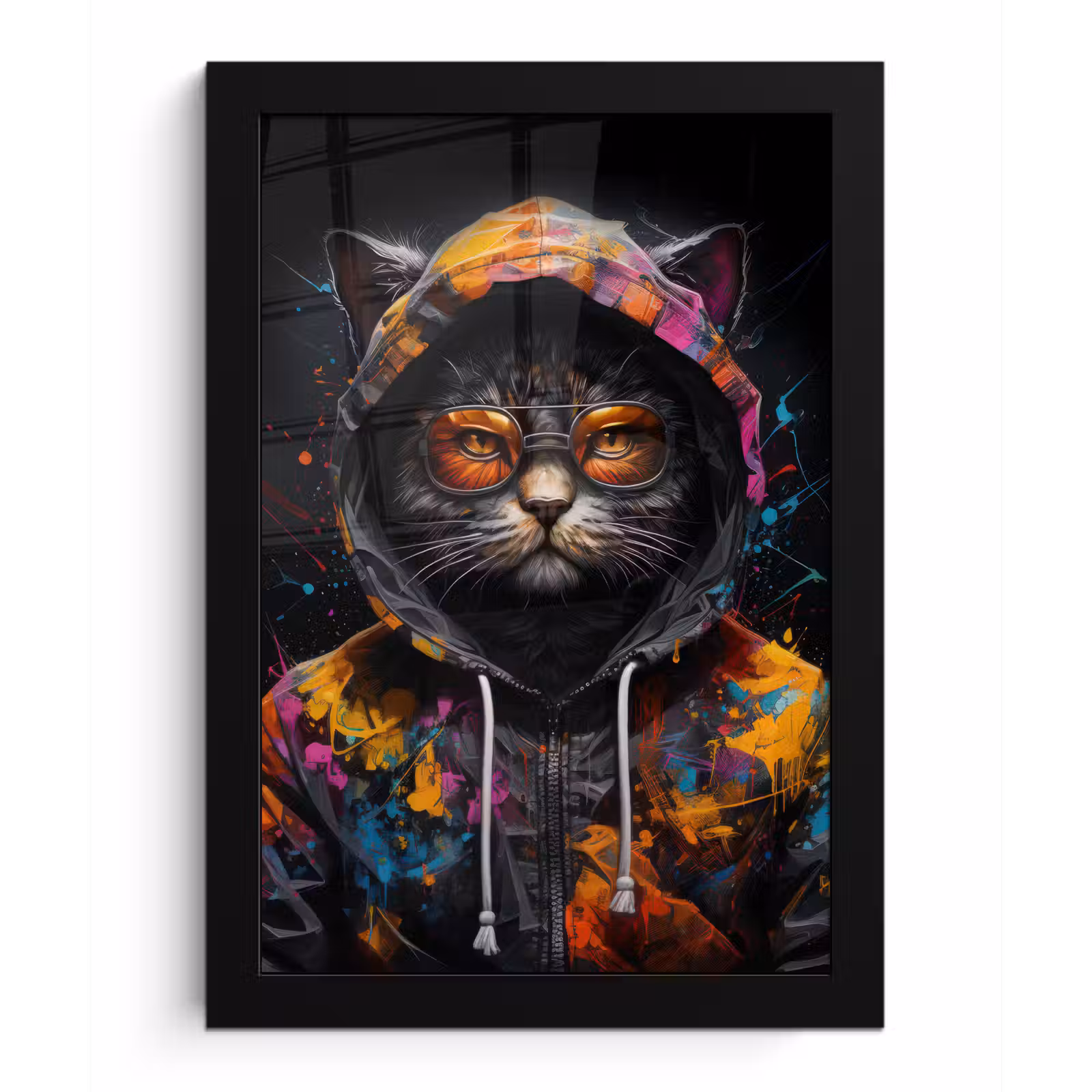 Poster met lijst - Kat - Jas - Graffiti - Bril - Zwart — 1