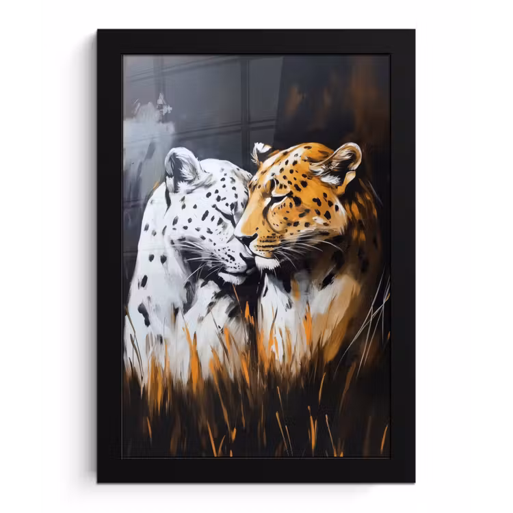 Poster met lijst - Luipaard - Oranje - Wit - Gras — 1