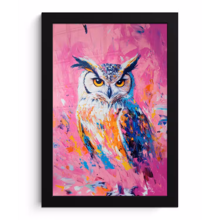 Poster met lijst - Uil - Roze - Blauw - Verf - Abstract — 1