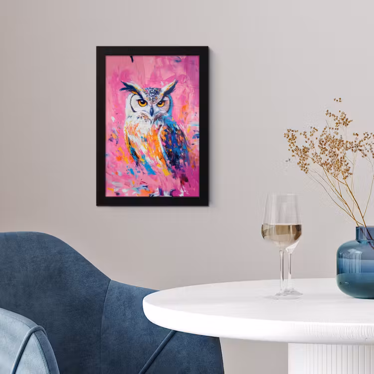 Poster met lijst - Uil - Roze - Blauw - Verf - Abstract — 2