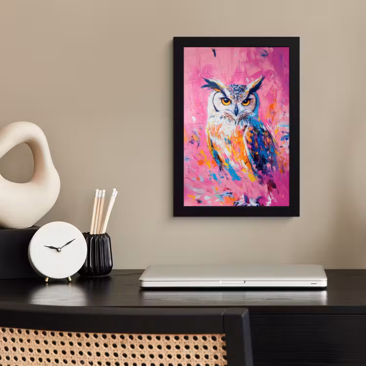 Poster met lijst - Uil - Roze - Blauw - Verf - Abstract — 3