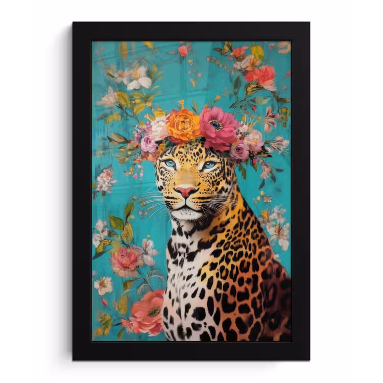 Poster met lijst - Luipaard - Bloemen - Kroon — 1