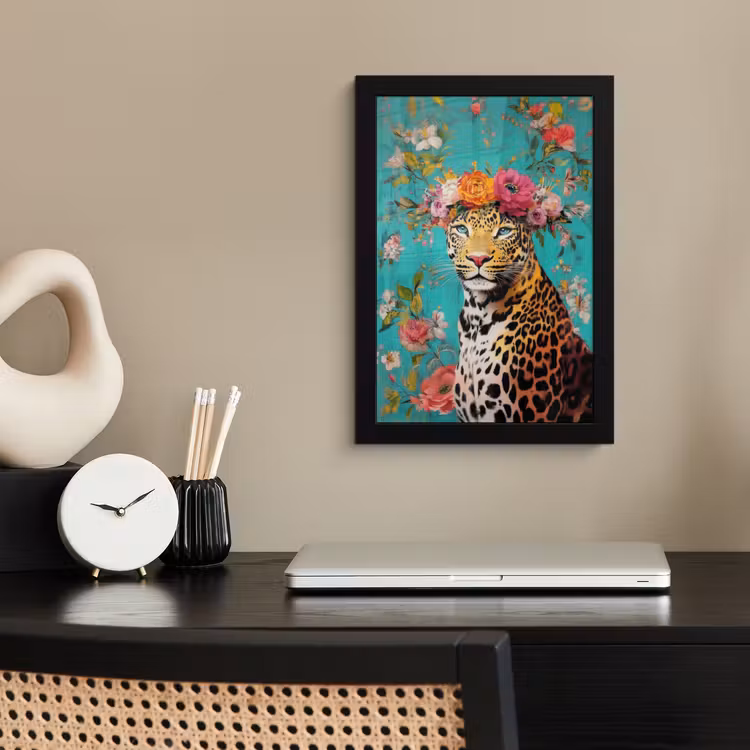 Poster met lijst - Luipaard - Bloemen - Kroon — 3