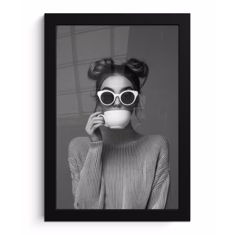 Poster met lijst - Vrouw - Koffie - Zwart - Wit — 1