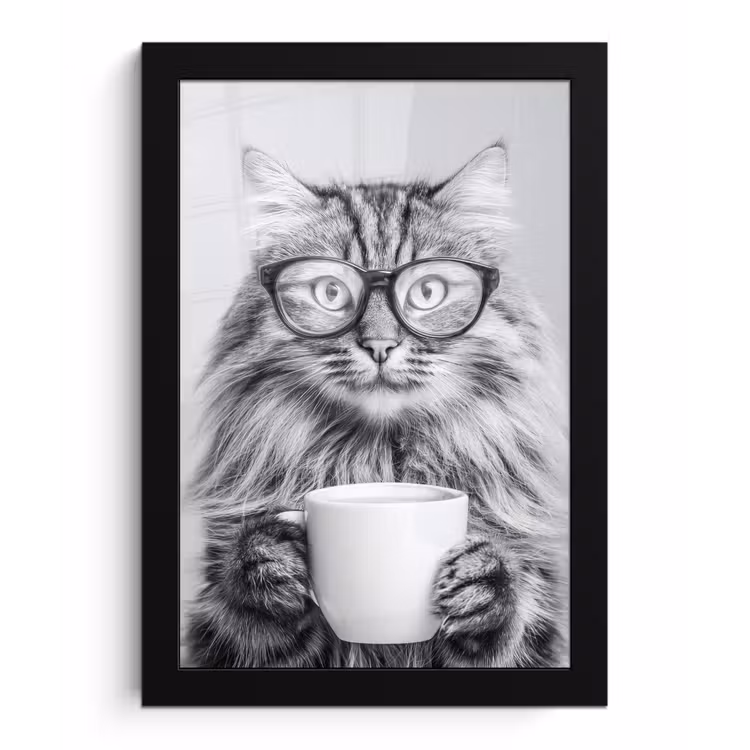 Poster met lijst - Kat - Bril - Mok - Pluizig — 1