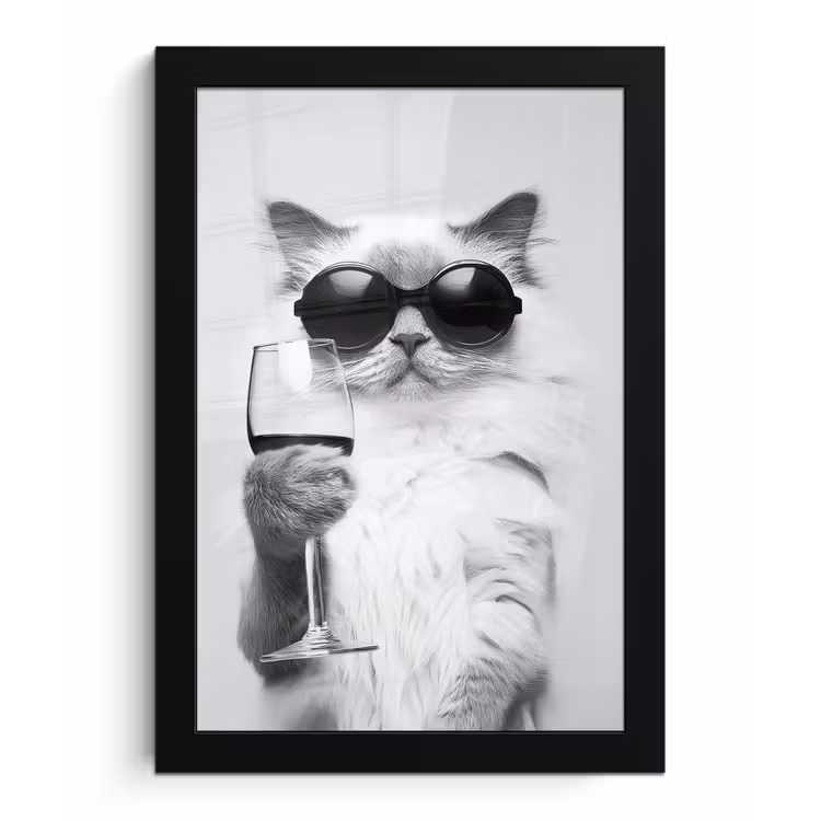 Poster met lijst - Kat - Zonnebril - Wijnglas - Langharig — 1