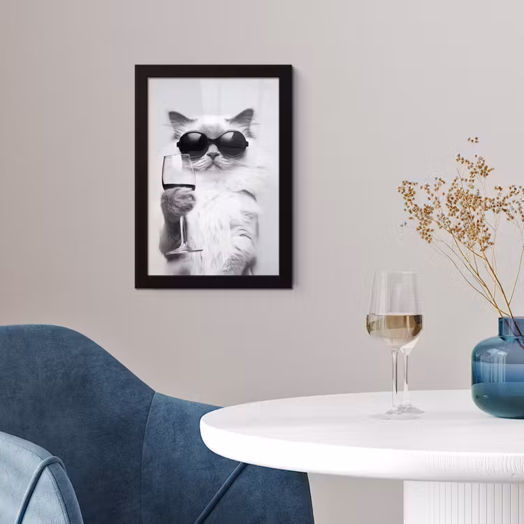 Poster met lijst - Kat - Zonnebril - Wijnglas - Langharig — 2