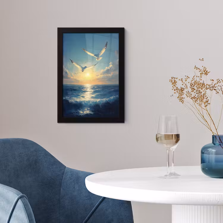 Poster met lijst - Meeuwen - Zee - Wolken -Blauw — 2