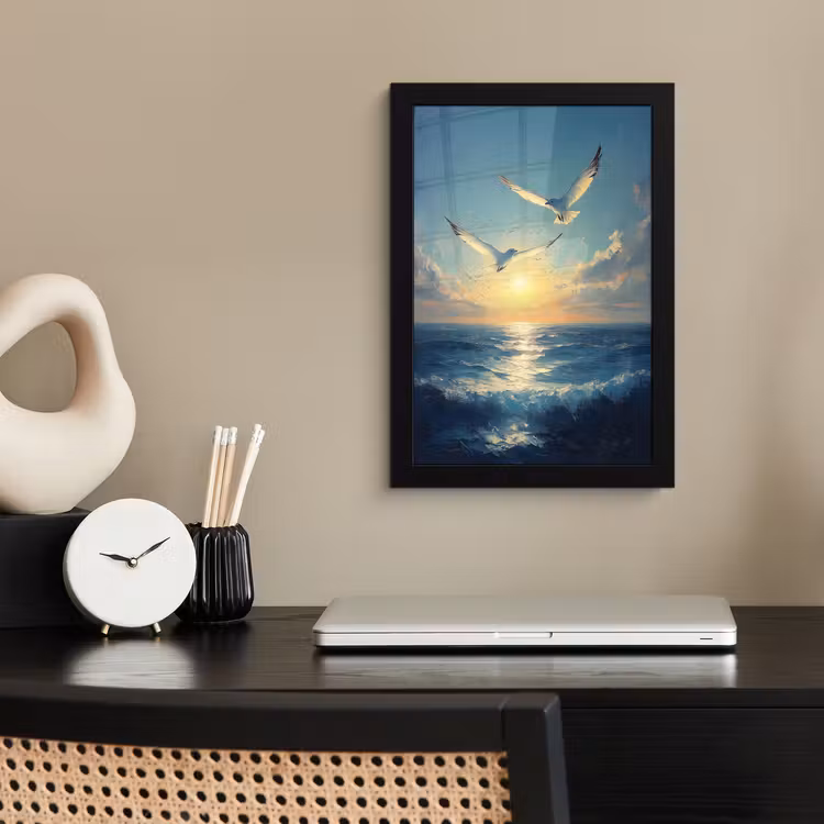 Poster met lijst - Meeuwen - Zee - Wolken -Blauw — 3