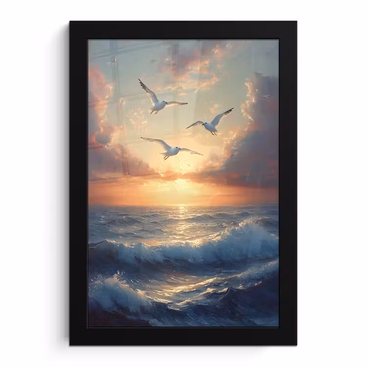Poster met lijst - Meeuwen - Zonsondergang - Zee - Wolken — 1