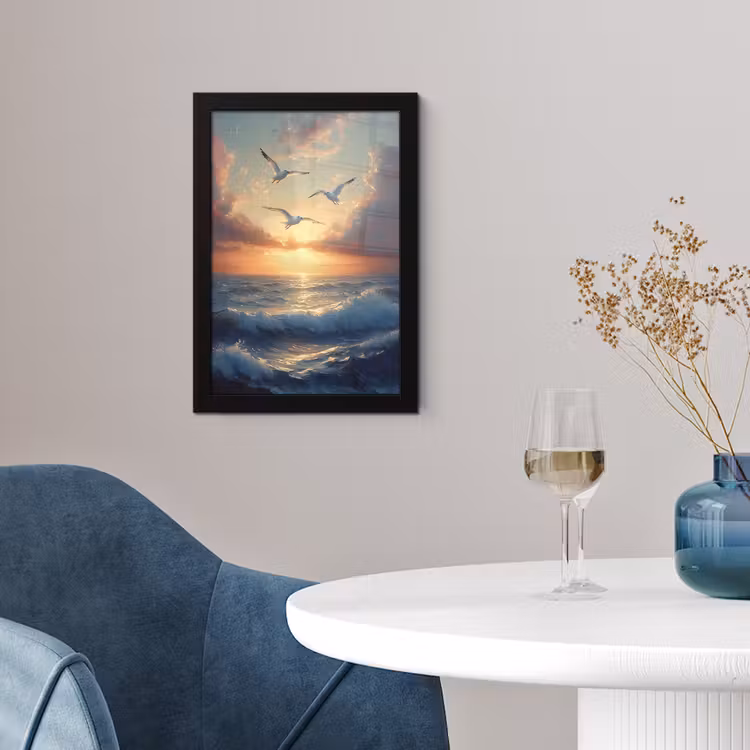 Poster met lijst - Meeuwen - Zonsondergang - Zee - Wolken — 2
