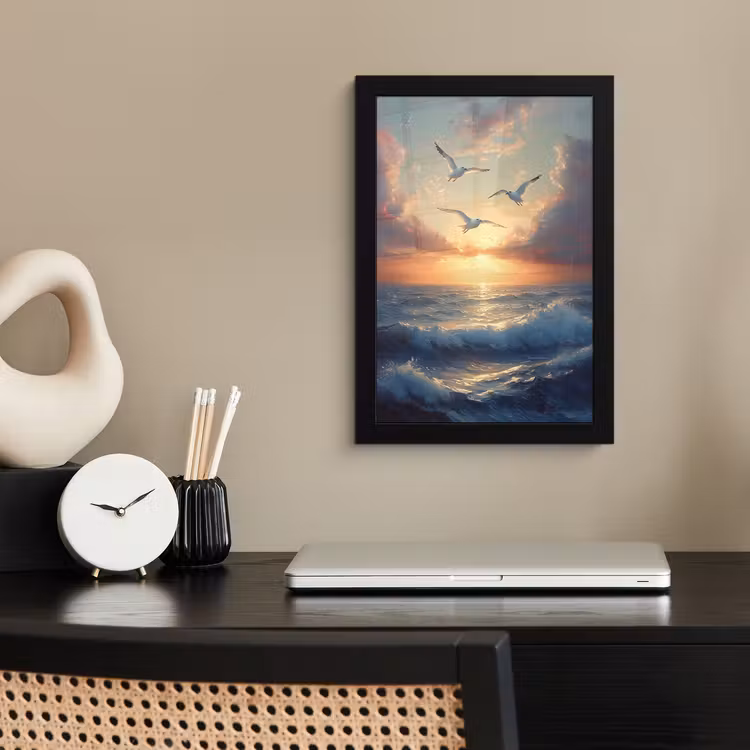 Poster met lijst - Meeuwen - Zonsondergang - Zee - Wolken — 3