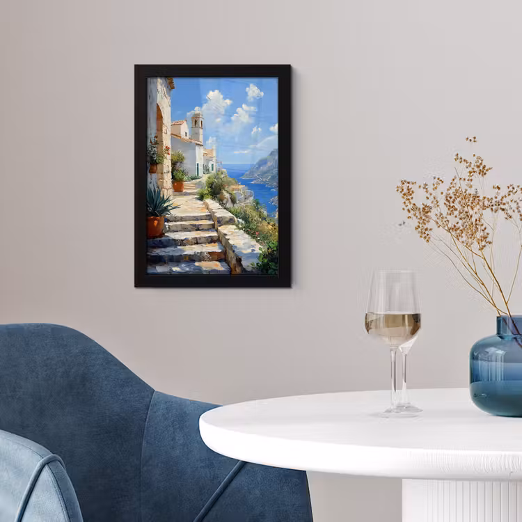 Poster met lijst - Trap - Huizen - Berglandschap - Zee — 2