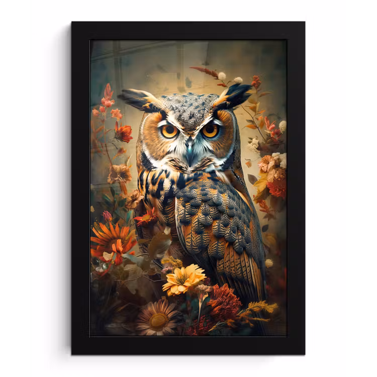 Poster met lijst - Uil - Vogel - Bloemen - Planten - Botanisch — 1