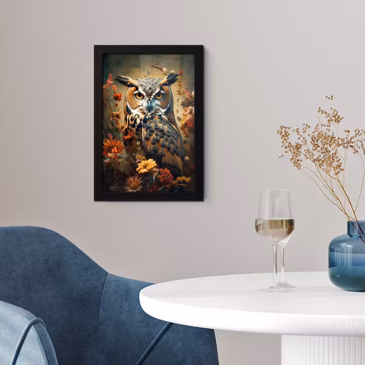 Poster met lijst - Uil - Vogel - Bloemen - Planten - Botanisch — 2