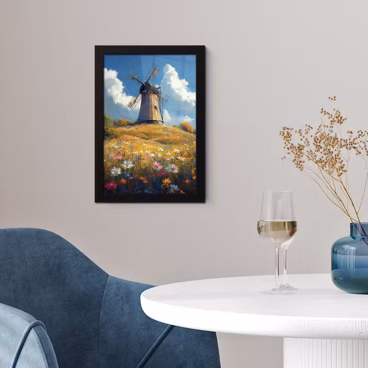 Poster met lijst - Windmolen - Heuvel - Bloemen - Kleurrijk — 2