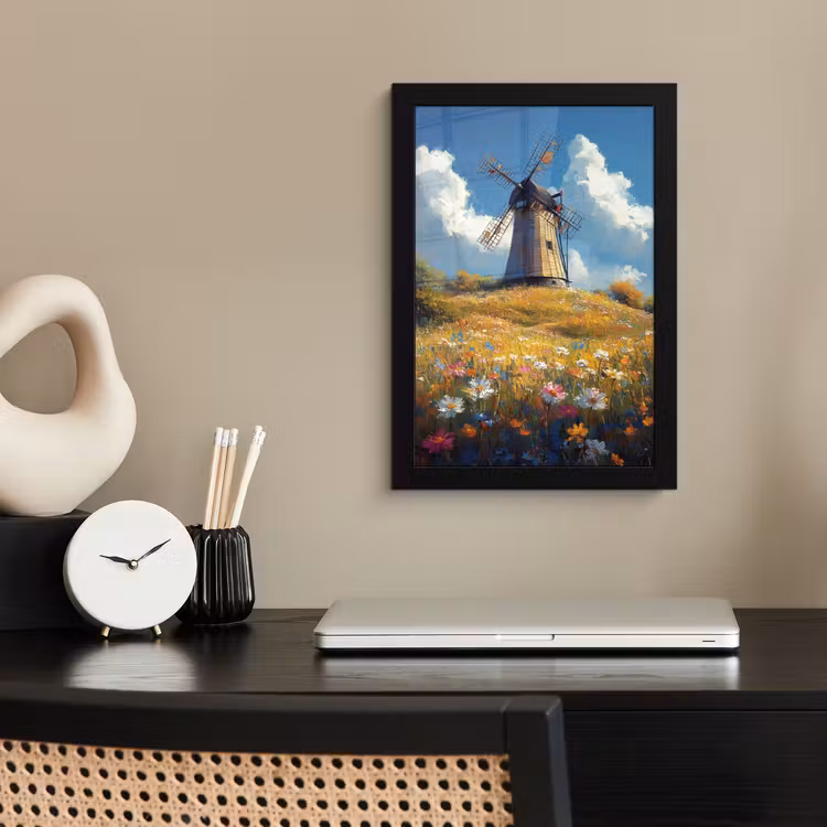 Poster met lijst - Windmolen - Heuvel - Bloemen - Kleurrijk — 3