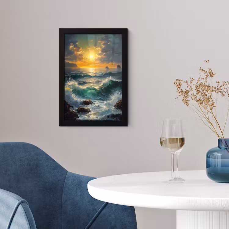 Poster met lijst - Zee - Zon - Golven - Rotsen — 2