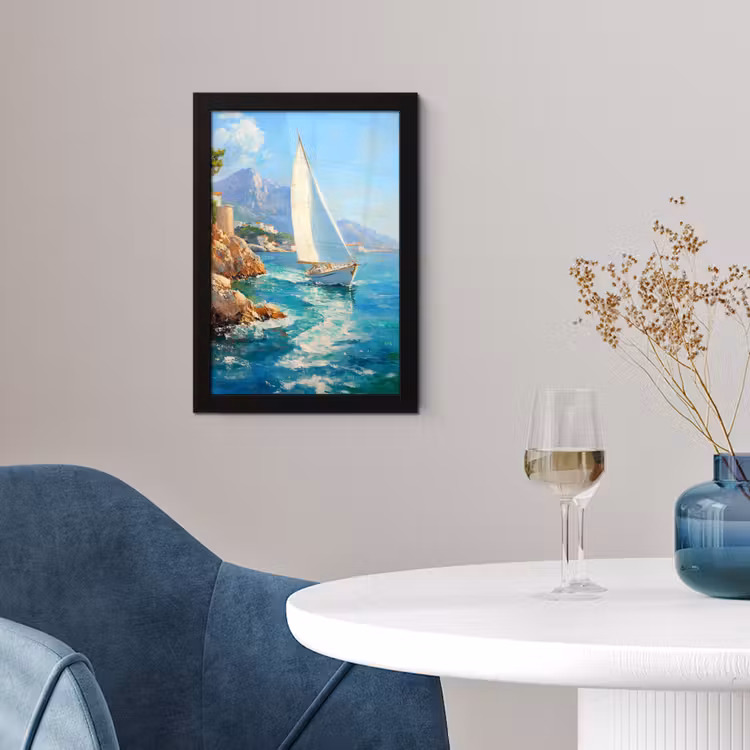 Poster met lijst - Zeilboot - Rotsen - Kust - Huizen — 2