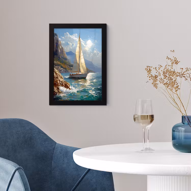 Poster met lijst - Zeilschip - Zee - Rotsen - Wolken — 2