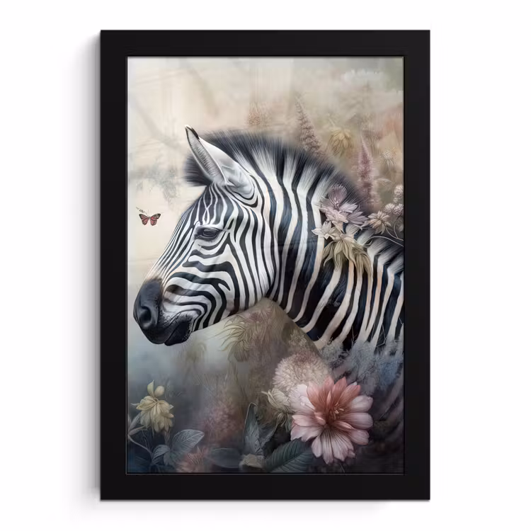 Poster met lijst - Zebra - Wilde dieren - Vlinder - Bloemen — 1