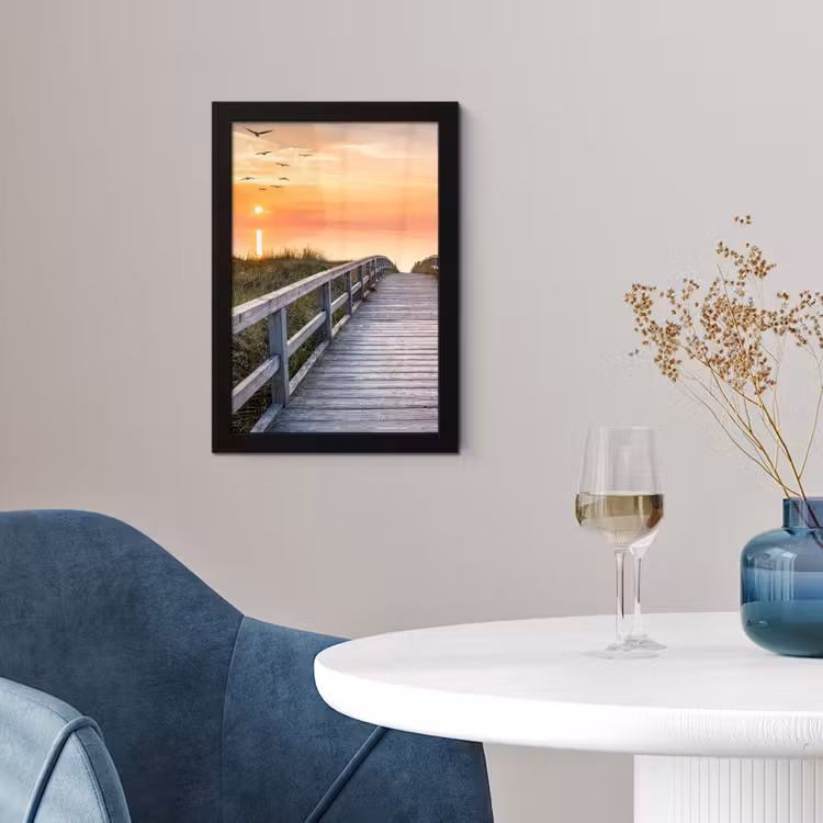Poster met lijst - Zonsonderang - Zee - Pad - Gras - Duin - Vogels — 2