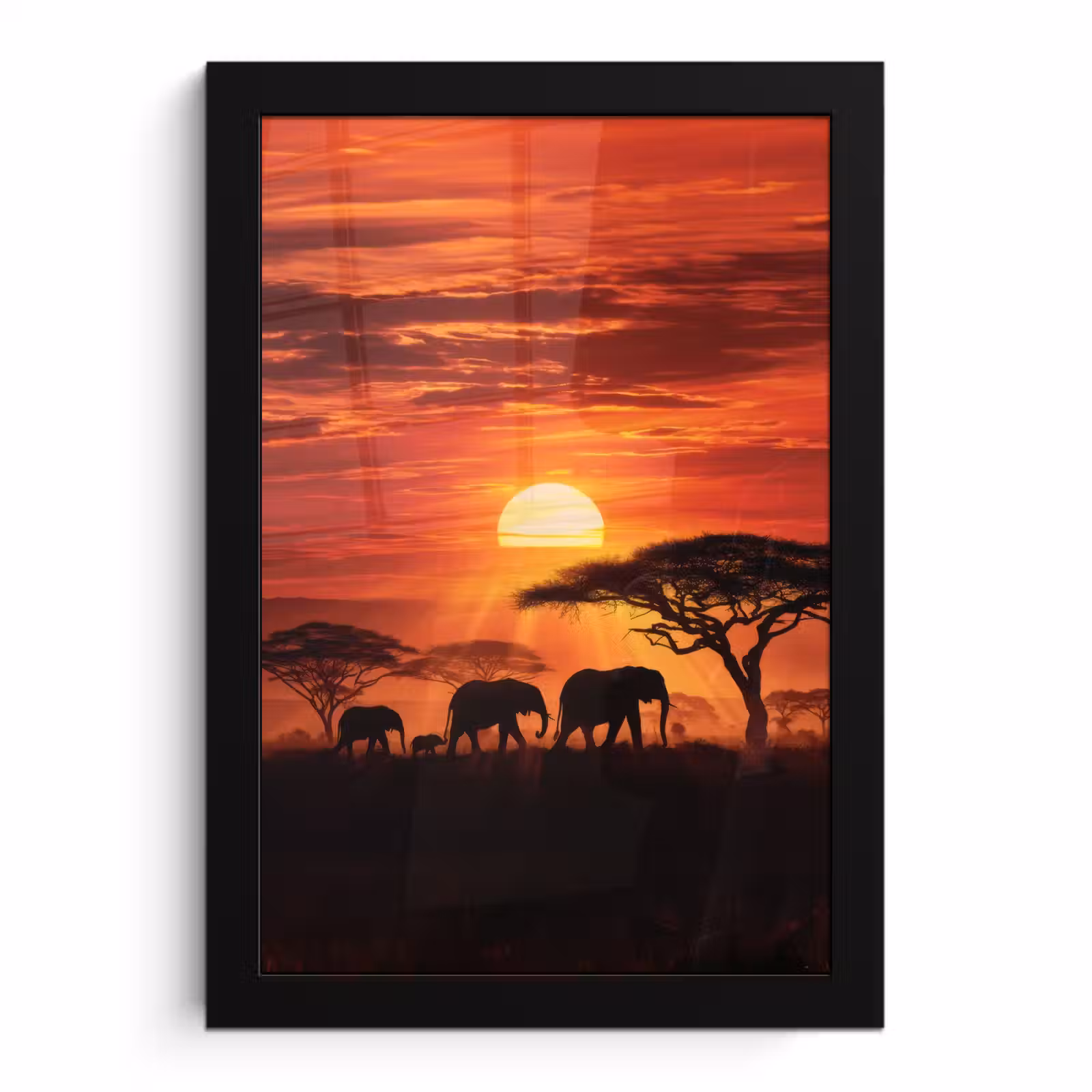 Poster met lijst - Savanne - Olifanten - Zonsondergang — 1
