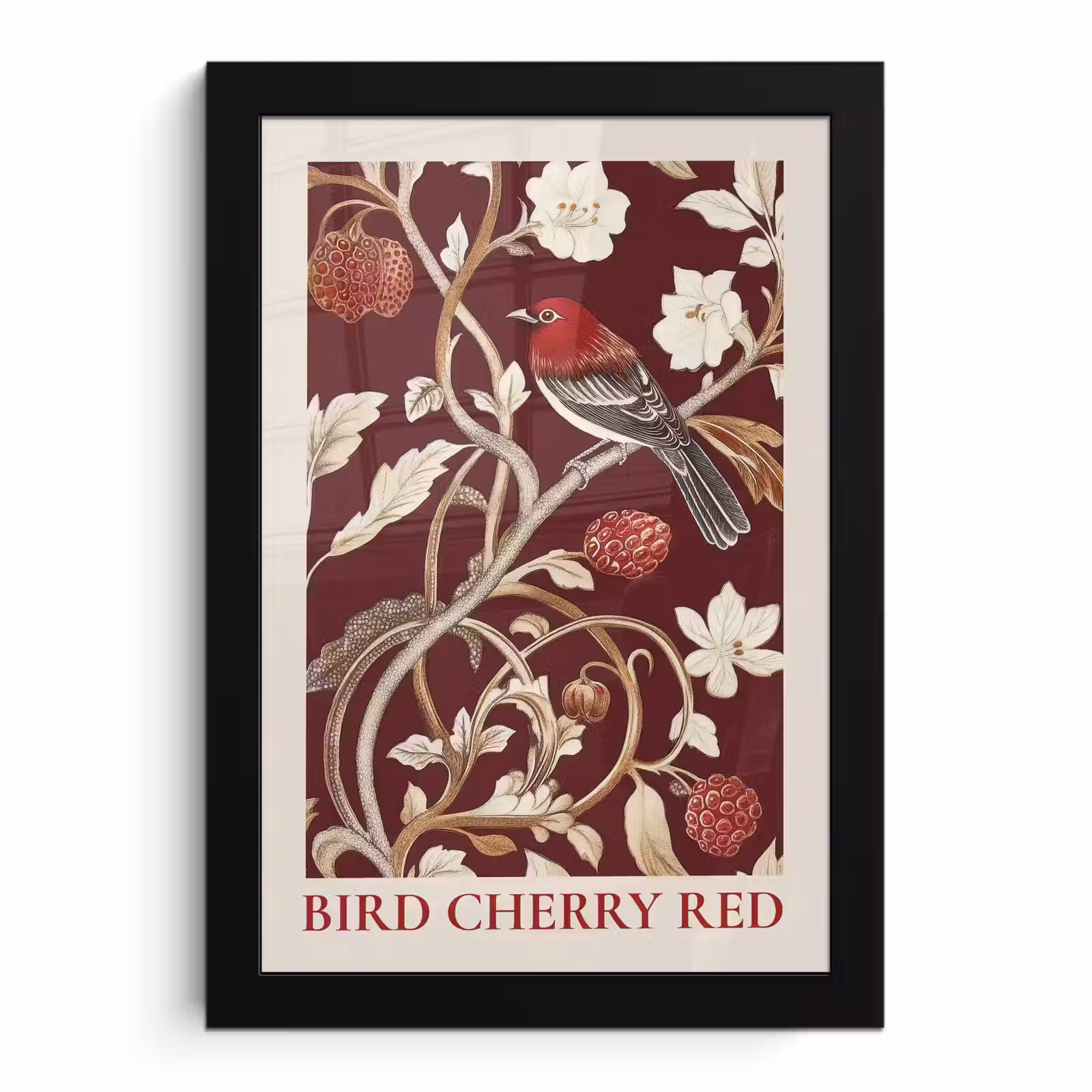 Poster met lijst - Vogel - Bordeaux - Bloemen - Bessen — 1