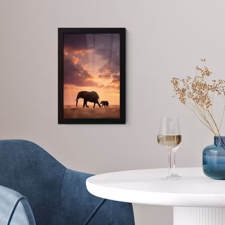 Poster met lijst - Olifanten - Grasland - Zonsondergang — 2