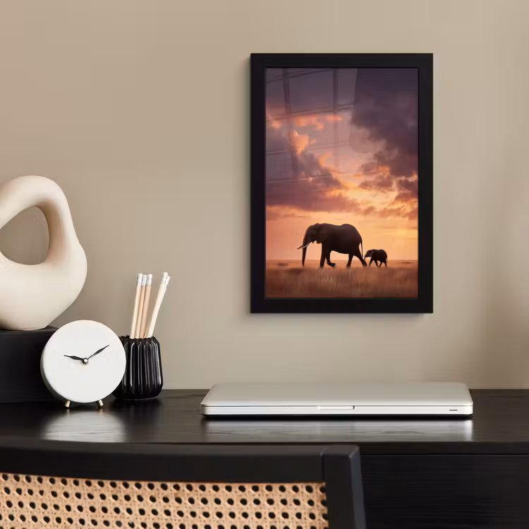Poster met lijst - Olifanten - Grasland - Zonsondergang — 3