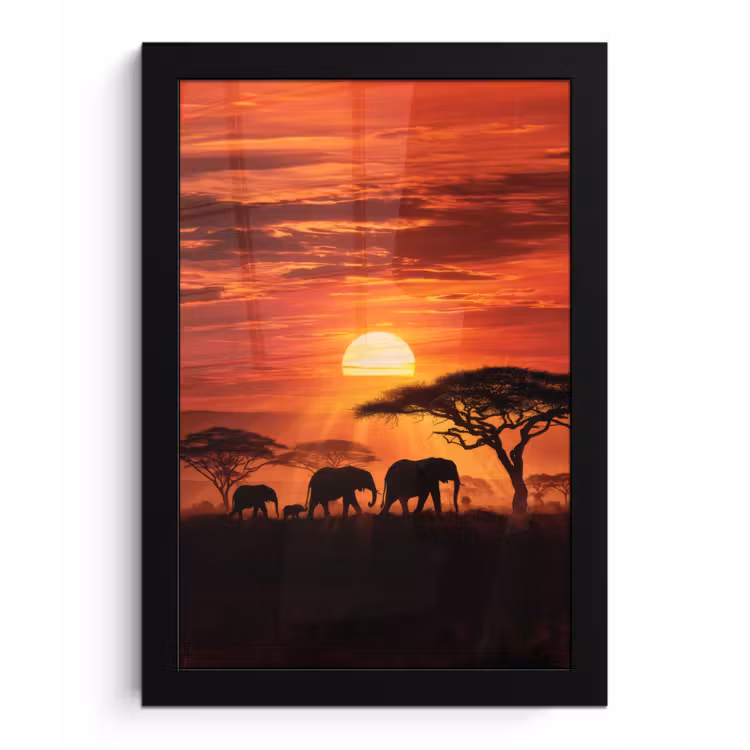 Poster met lijst - Savanne - Olifanten - Zonsondergang — 1